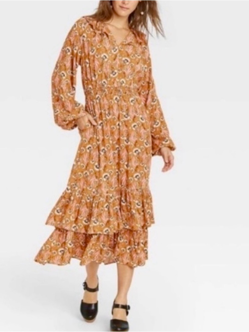 Universal Thread Floral Maxi Dress XL Mustard Yellow Ruffle Balloon Sleeve NWT - Picture 7 of 7